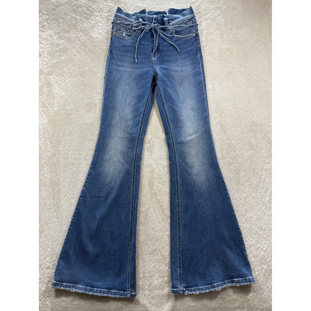 Rockin'C Womens High Rise Flare Tie Waist Blue Denim Jeans 27 Meas: 27x33.5